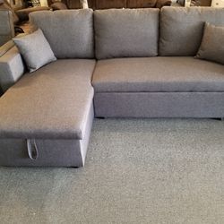 Brand New 86" x 61" Gray Lien Reversible Sofa Pullout With Storage Chaise