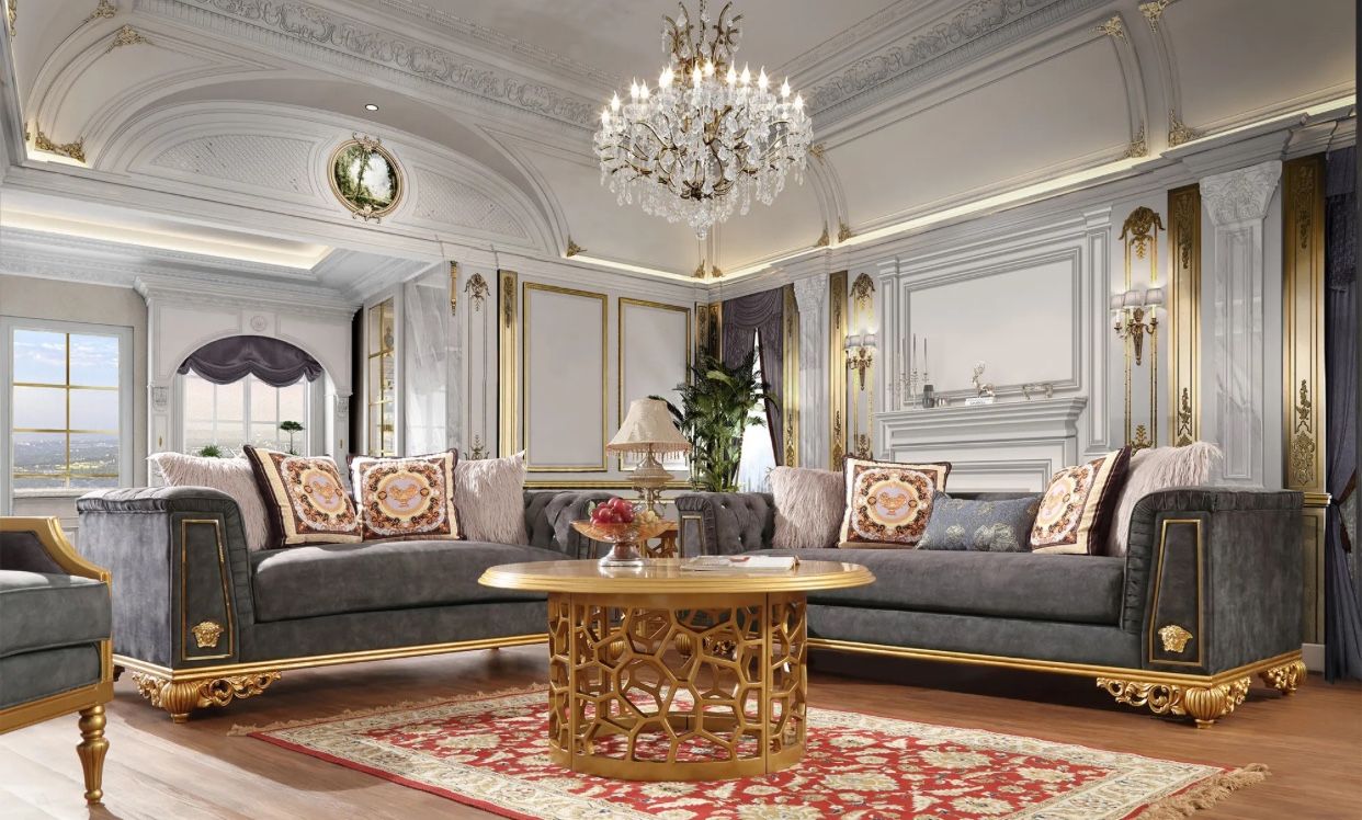 3PC SOFAS SET SOLOD WOOD /GRAY VELVET AND GOLD FINISHED WOOD TRIM THROUGHOUT (HD 3053) $2999,All Products : American Fashion Style Bags On Sale