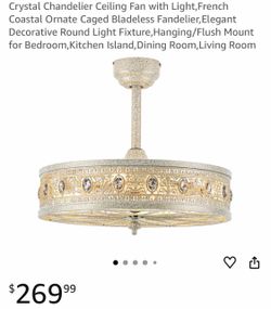 Crystal Chandelier Ceiling Fan with Light,French Coastal Ornate Caged Bladeless Fandelier,Elegant Decorative Round Light Fixture,Hanging/Flush Mount f