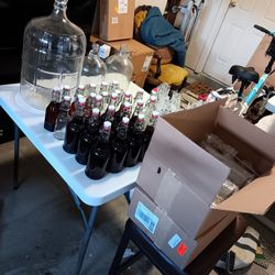 60 Home Brew Glass Bottles - 5 gallon car boy, 2 one gallon jugs, 46 16oz. bottles & 11 8oz bottles
