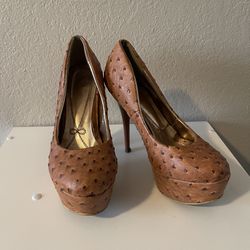 Mona Mia, Women’s Rust Faux Ostrich Platform Stiletto Heels, Size 8.5