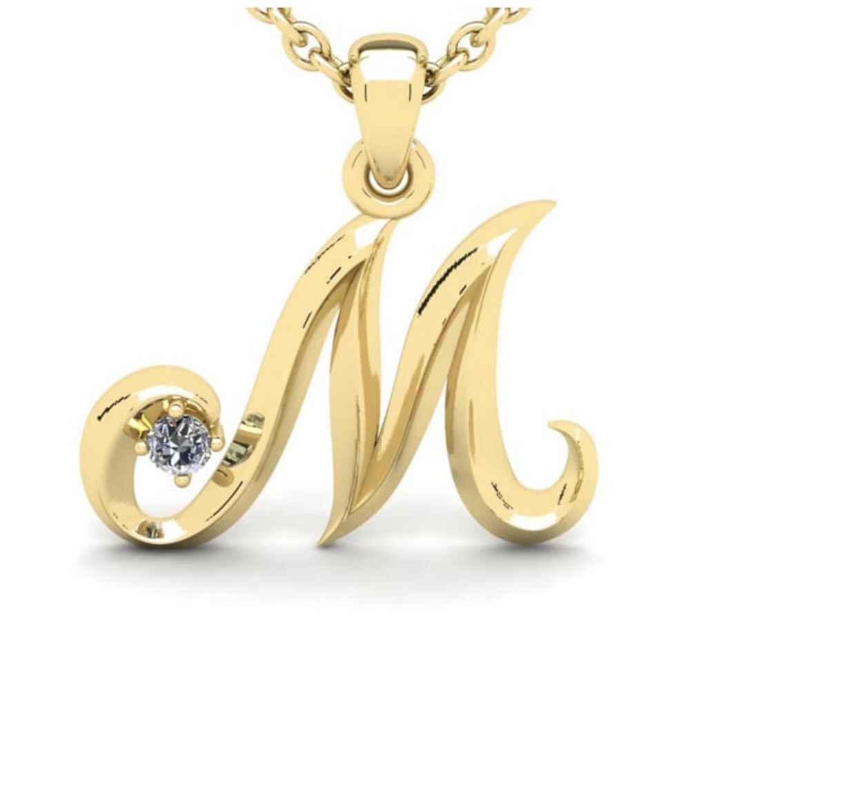 Diamond Accent M Swirly Initial Necklace In 14K Yellow Gold With 18 Inch Cable Chain
