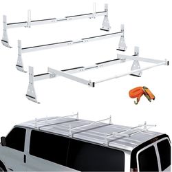 CIRONBOW Universal Van Roof Ladder Racks with Rear Roller, Adjustable 57''-65'' with Ladder Stoppers, 3 Bars - Fit Chevy Express Fullsize Van 1996-Up,