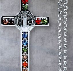 Religious Cross Stainless Steel Pendant Necklace Colored Stones Chain Size 23.6 inches for Men and Women