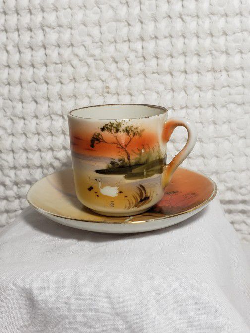 Takito china cup and saucer hand painted pond & swan scene ( On Vacation) 