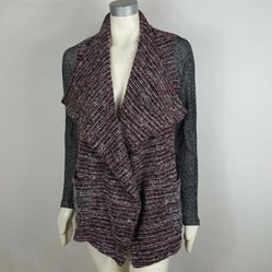 Lucky Brand Small Drug Rug Red Black Gray White Wool Knit Waterfall Cardigan Sweater