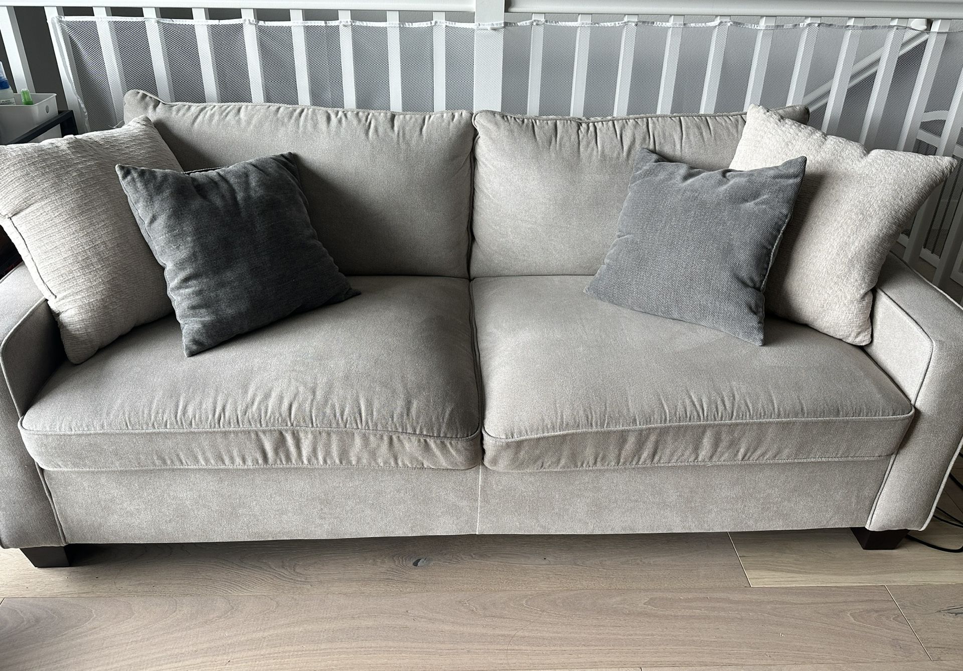 Living Spaces Beige Fabric 80" Sofa | Track Arms