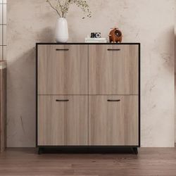 4-Door Black&Brown Buffet Decorative Storage Cabinet with Sturdy Metal Legs