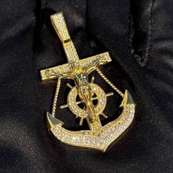 14K solid Yellow Gold CZ stones Jesus Anchor Mariner Cross Religious Pendant Charm 7.2 grams