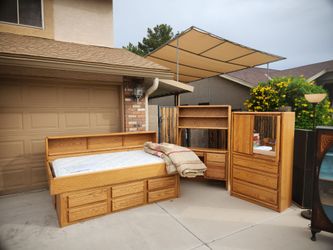 Oak Captain's Bed Bedroom Set with Dresser and Bookcase