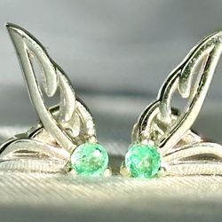 Genuine Colombian emerald Wings earrings, silver 925, real natural emerald