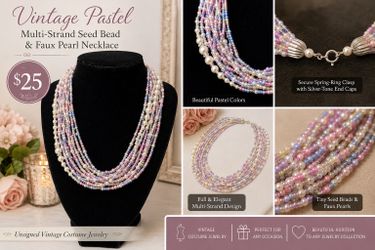Vintage Pastel Multi-Strand Seed Bead & Faux Pearl Necklace