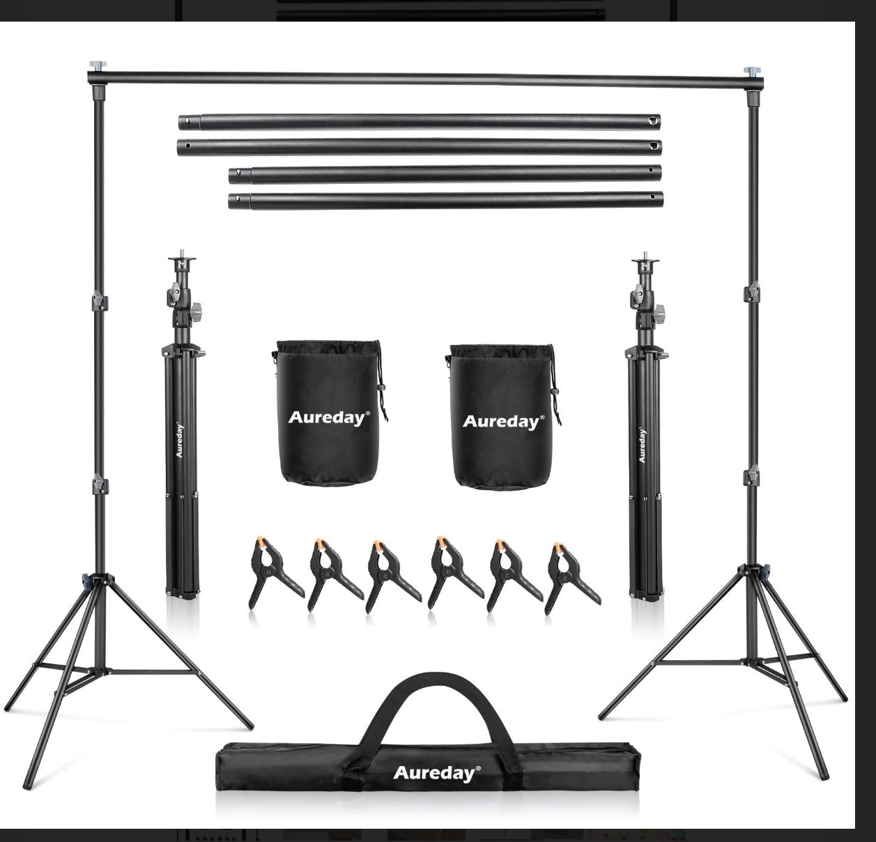 Aureday Backdrop Stand, 10x7Ft Adjustable Photo Backdrop Stand Kit with 4 Crossbars, 6 Background Clamps, 2 Sandbags, and Carrying Bag for Parties/Wed