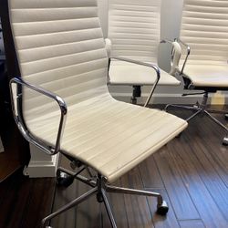 5 White Leather Rolling Office Chairs With Silver Base/Arm Support 