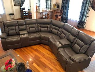 Leather recliner sectional sofa with 2 consoles With Cup holder