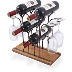 Tabletop Wood Wine Holder, Countertop Wine Rack, Hold 4 Wine Bottles and 4 Glasses