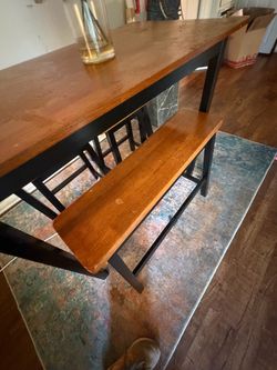 Wood and Black Metal Dining Table with Bench