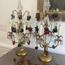 Pair of Antique French Vintage Crystal Girandoles table lamps With Grape Clusters 