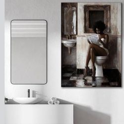 Vintage Black Women Bathroom Canvas Wall Art Elegant Black Girl Reading Newspaper on Toilet Painting Picture Wall Decor Fashion African American Poste