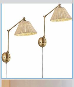 Adjustable Plug-In Wall Sconce Woven Shade Dimmable E26 60W 6ft Gold/Beige