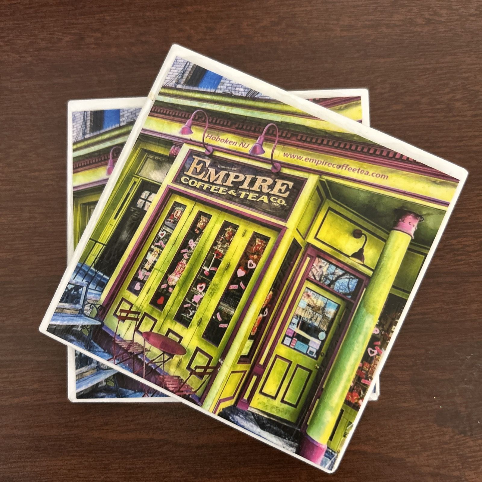 New Set of 2 Empire Coffee and Tea Coffee Shop Hoboken NJ White Ceramic Coasters