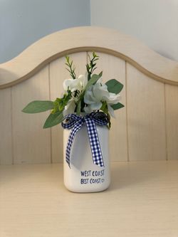 Ceramic Mason Jar Vase with Faux Flowers 💙