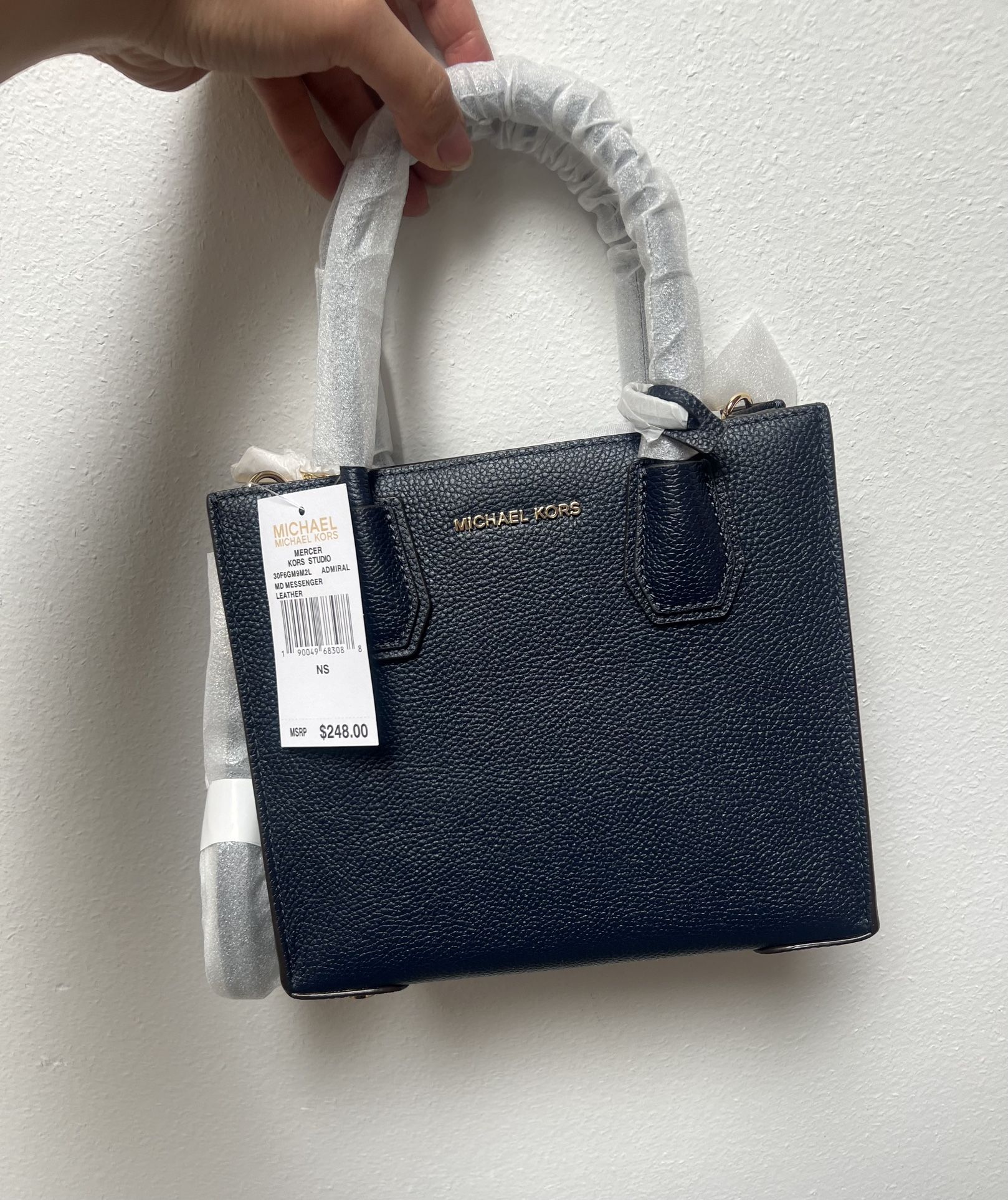 Michael Kors Mk Mercer Admiral Blue Pebbled Leather Medium Messenger Satchel Bag