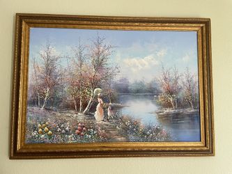 Framed Oil Impressionist Painting of Mother & Daughter By Lake