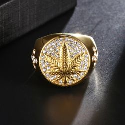 Round Cross Maple Leaf Gold Signet Ring - Size 7