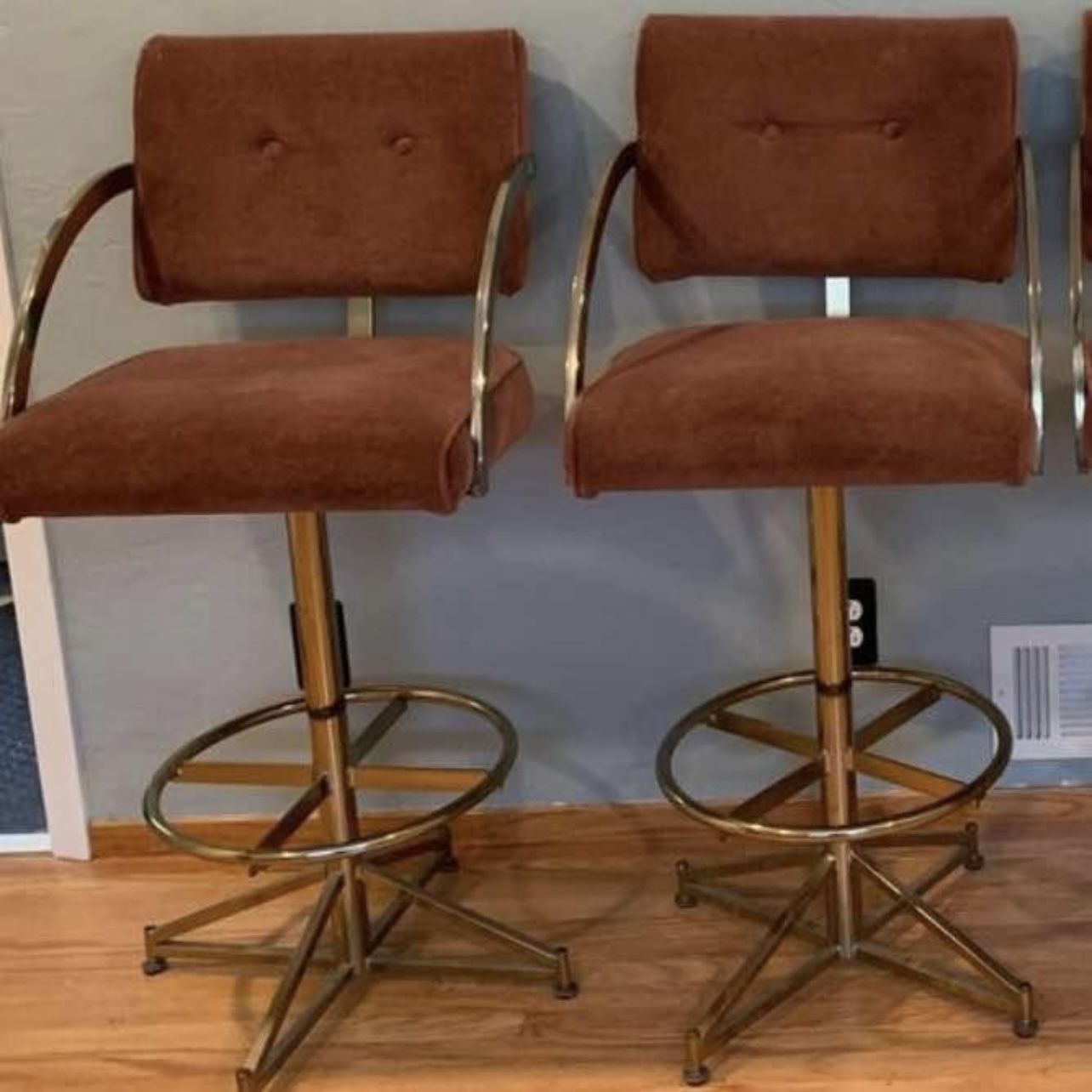 2 Milo Baughman Cal-Style 80s Brass Tufted Cushion Bar Stools Chairs Retro Vintage