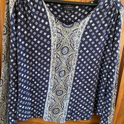 Lucky Brand Los Angeles Navy Boho Paisley Geo Pattern Long Sleeve Blouse Size S
