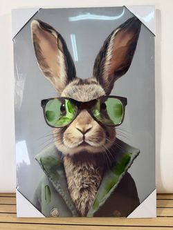 Bunny Wall Art Rabbit Portrait Sunglasses Vintage Gray Green Decor