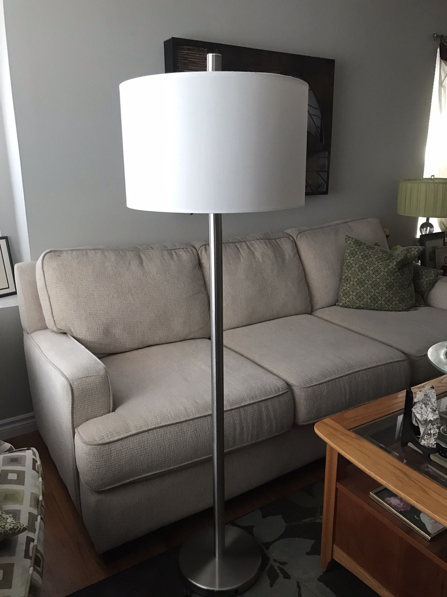 Gorgeous silver chrome floor lamp with white shade