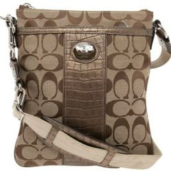 Coach Beige/Brown Signature Canvas and Croc Embossed Leather Swingpack Messenger Bag Purse Handbagu