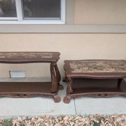 Carved Wood Marble Console Table and Coffee Table 