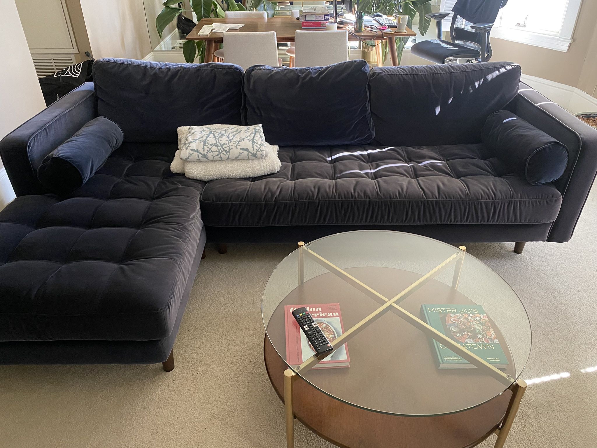 FREE Article 100" Tufted Velvet Left Sectional Sofa - Plush Cascadia Blue