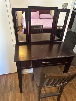 Dark Wood Vanity Table with Tri-Fold Mirror on Sale!