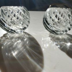 Two Vintage Heavy MCM Glass Ridged Round Swirl Votive Tea Light Holders
