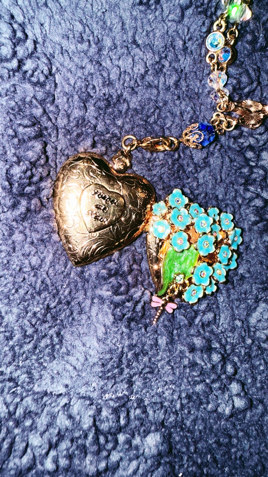 Vintage Kirks Folly Gold Tone Enamel “Forget Me “ Knot Locket Necklace