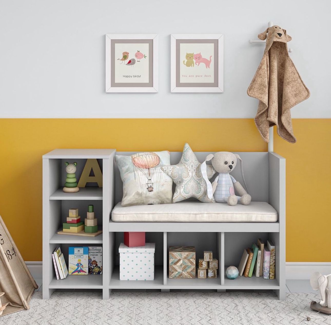 Storage Bench and Coat Rack, Dove Gray