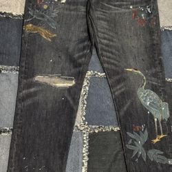 Polo Ralph Lauren Astor Crane Motif Slim Boyfriend Jeans Size 29 Paint Art