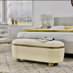 NEW Beige Upholstered Oval Bedroom Storage Bench with Solid Wood Legs and Soft Decorative Fabric