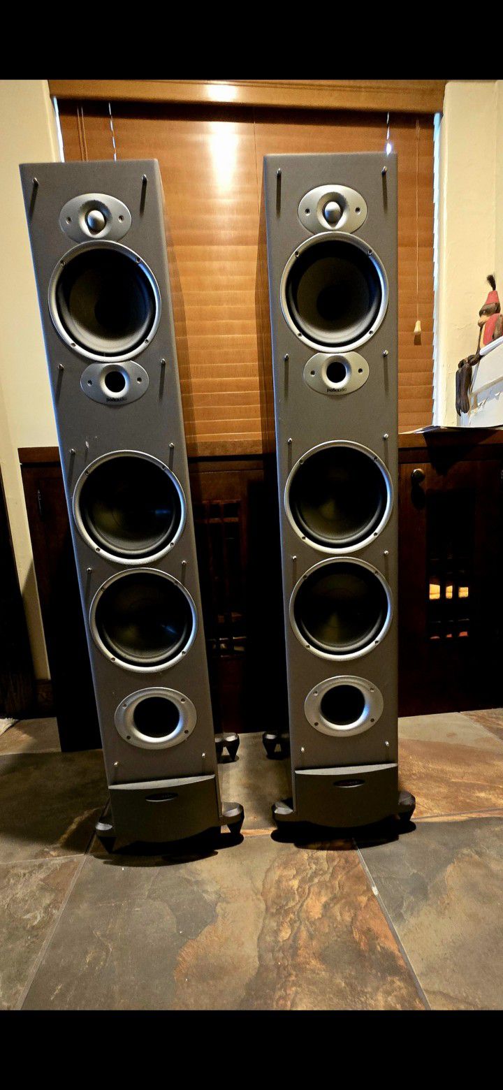 Polk Speakers: Two Main Tower Speakers, One Center, Two Surround