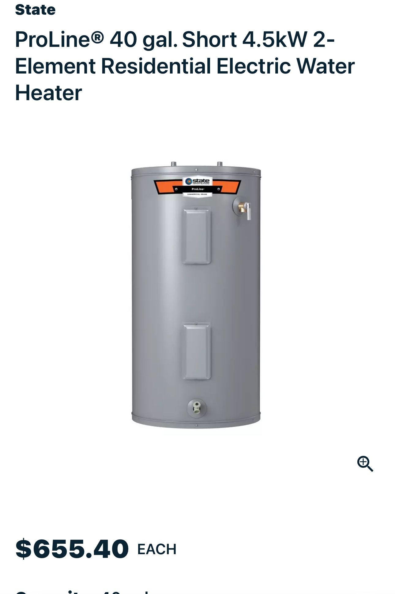 State Proline 40 Gallon Short Electric Water Heater 