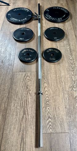 BRAND NEW 5 ft Silver Standard Bar & VINTAGE Weight Plates: 25s, 10s And 5s. (Total: 97 lbs)