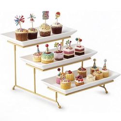 3 Tier Serving Stand with Porcelain Serving Platter Tray - Collapsible Gold Stand with 3 Piece Large14 Inch White Plates for Food Presentation Dessert