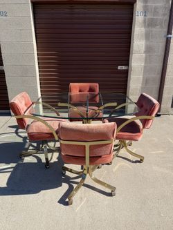 80s Pink Salmon postmodern tubular Brass dining table and chairs