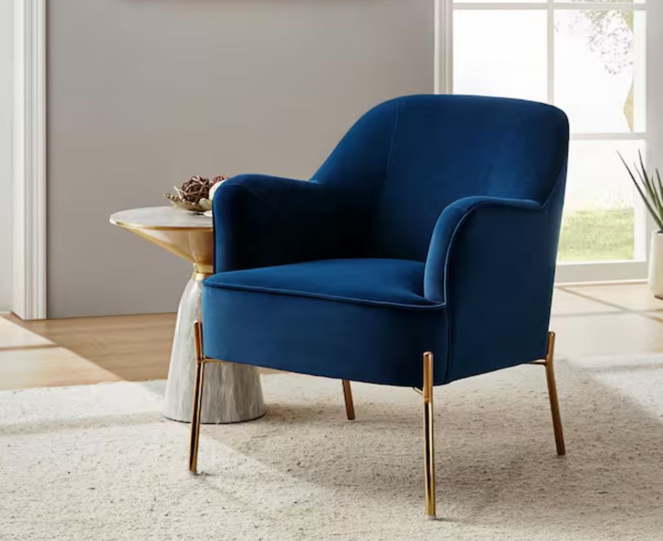 Nora Modern Navy Velvet Accent Chair with Gold Metal Legs