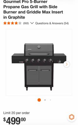 Gourmet Pro 5-Burner Propane Gas Grill with Side Burner and Griddle Max Insert in Graphite