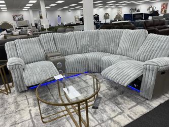 Gray Plush 3 Pc Power Reclining Sectional with Bluetooth Speakers & Console